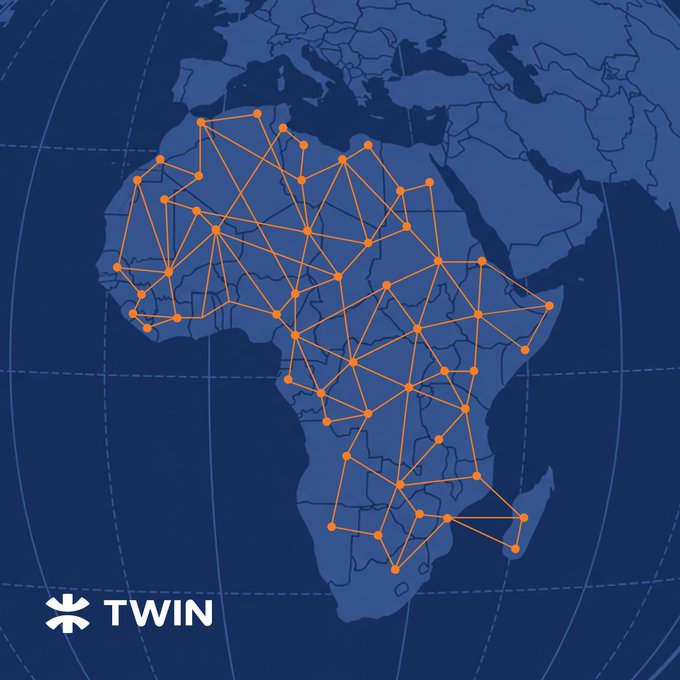 A blue-toned map of Africa overlaid with an orange network of connected nodes and lines, branded with the 'TWIN' logo in the bottom left.