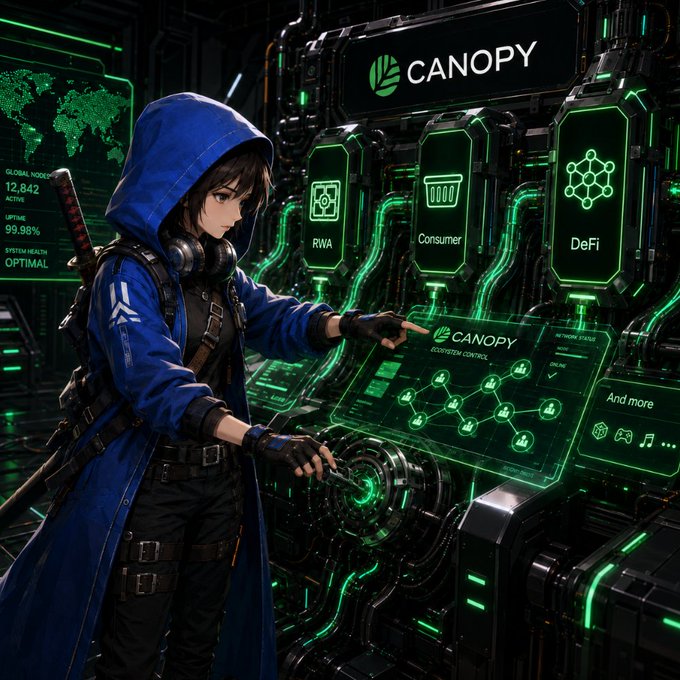 An anime-style character in a blue hooded jacket interacts with a futuristic green holographic interface labeled 'CANOPY' featuring sections for RWA, Consumer, and DeFi.