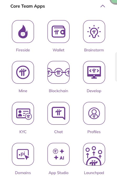 A mobile app menu titled 'Core Team Apps' displaying a grid of twelve icons including Fireside, Wallet, Brainstorm, Mine, Blockchain, Develop, KYC, Chat, Profiles, Domains, App Studio, and Launchpad.