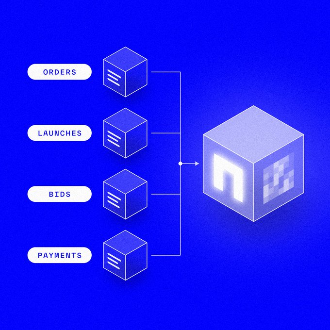 A blue infographic diagram showing four labeled cubes (Orders, Launches, Bids, Payments) connecting to a central larger cube featuring an 'n' logo and pixel art design.