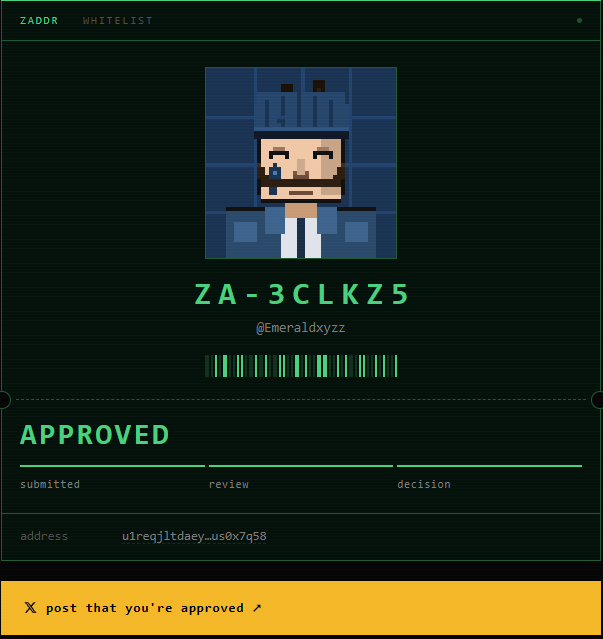 A green-themed 'ZADRA WHITELIST' approval screen featuring a pixelated avatar, the code 'ZA-3CLKZ5', the handle @Emeraldxyzzy, an 'APPROVED' status, and the address ulreqj1tdaey_us0X7q58.
