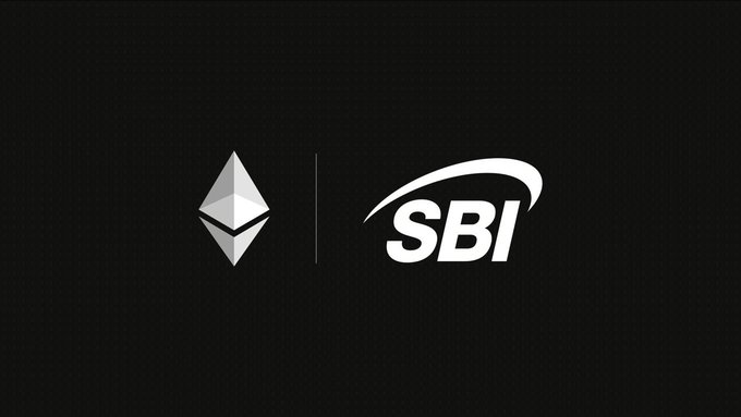 The image shows the Ethereum logo (the diamond-shaped symbol) alongside the SBI logo on a black background, visually representing the partnership between Ethereum and SBI mentioned in the post about SBI issuing Japan's first trust-based yen stablecoin (JPYSC) on the Ethereum blockchain.