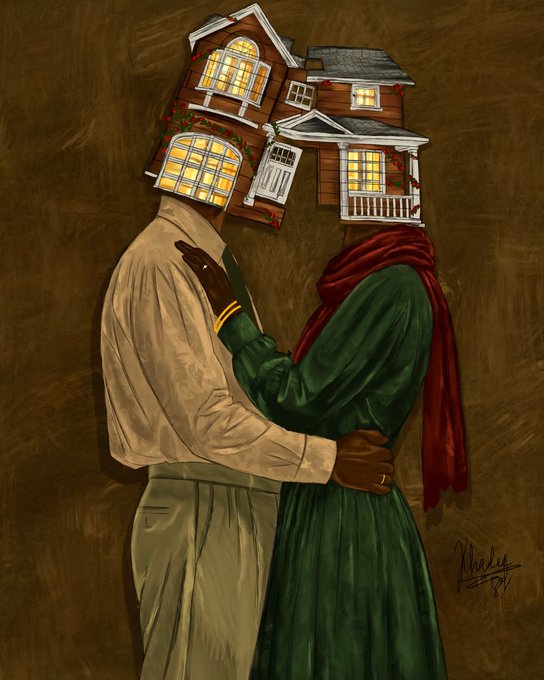 A digital illustration depicts a couple embracing, both with detailed suburban houses where their heads should be, set against a brown textured background with the artist's signature in the corner.