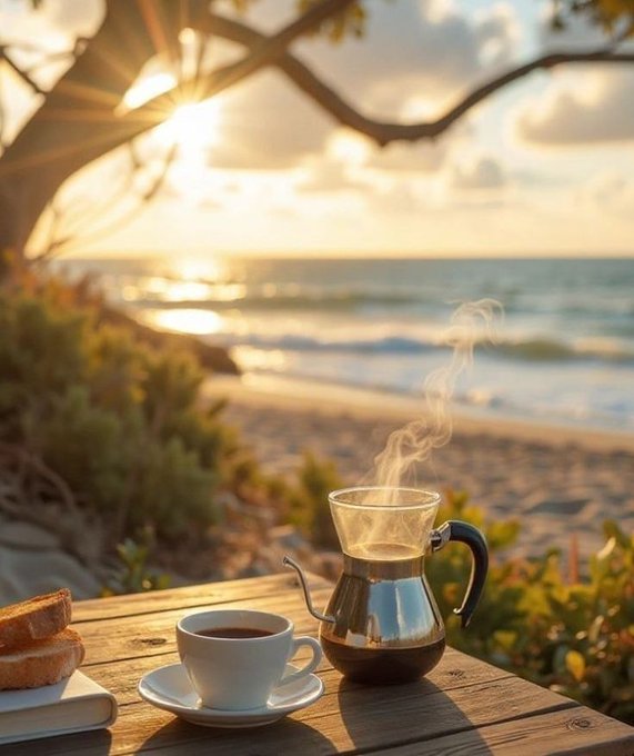 The image shows a wooden table near the ocean, where there are two cups of coffee - one white cup with a saucer and spoon, and another black cup without any utensils. The scene also includes a book placed next to the table. The background features a beautiful view of the ocean under a sunset sky, creating a serene atmosphere for enjoying a warm beverage by the water.
