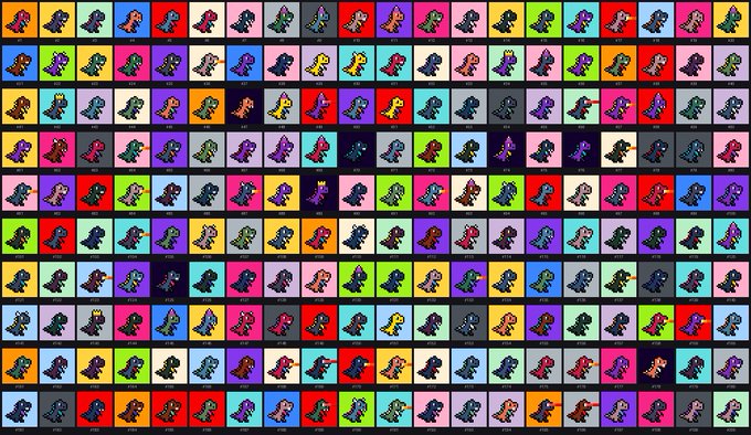A colorful grid display features multiple pixel-art sprites of what appears to be a small character or robot figure, with each square showcasing a different color background and sprite variation arranged in rows and columns.