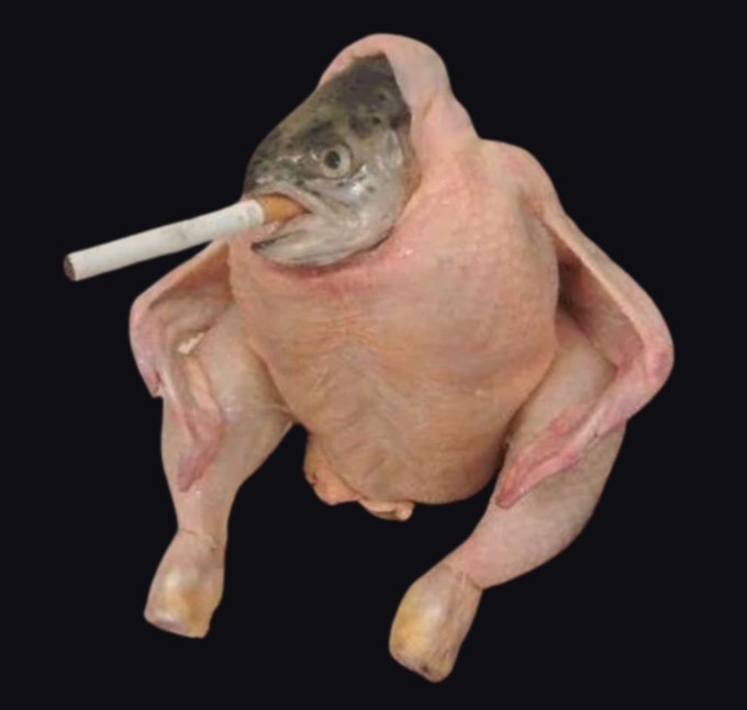 A bizarre surreal image showing a raw, plucked chicken body with a fish head that has a cigarette in its mouth, set against a black background.