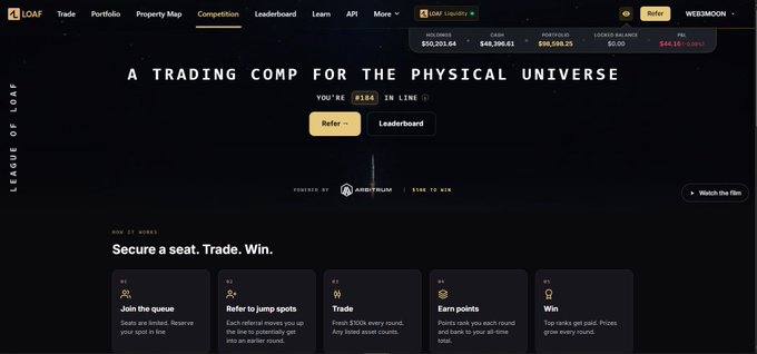 A website screenshot for 'League of Loaf' (LOAF) advertising 'A Trading Comp for the Physical Universe' with options to Join the queue, Refer to jump spots, Trade, Earn points, and Win.