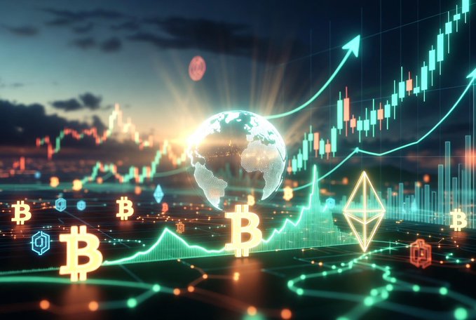 A digital illustration showing a rising line graph, cryptocurrency symbols including Bitcoin and Ethereum, and a glowing globe against a twilight sky.