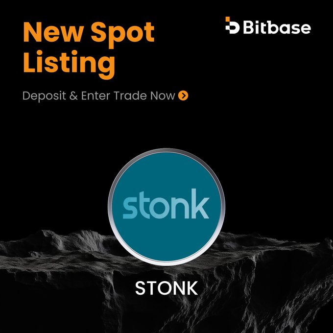 A Bitbase exchange announcement for a 'New Spot Listing' of the token STONK, featuring a teal circular stonk logo against a rocky background.