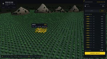 A dark screenshot of a crypto mining interface called 'MINEJAM' showing a green pixelated terrain with piles of resources, featuring a 'CONNECT WALLET' button and statistics panels on the right side.