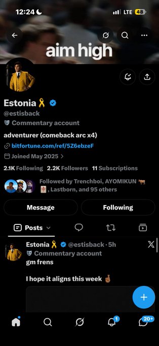 An X/Twitter profile page for 'Estonia' (@estisback), a commentary account with 2.1K following and 2.2K followers, displaying a recent post 'gm frens' and 'I hope it aligns this week'.