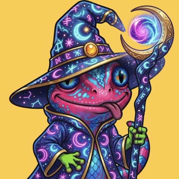 A colorful digital illustration depicts a whimsical chameleon-like character dressed as a wizard, wearing a galaxy-patterned pointed hat and robe, holding a crescent moon staff with a swirling orb.