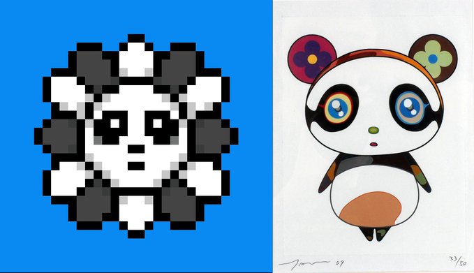 A comparison between an 8-bit pixel art panda character on a blue background on the left and a colorful signed print (numbered 33/50) of a stylized panda by artist Takashi Murakami on the right.
