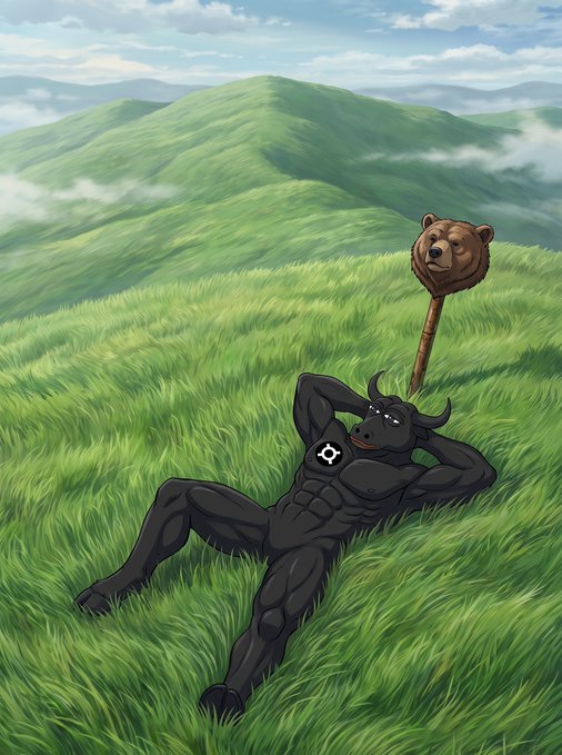A muscular black minotaur relaxes in a lush green meadow, propped up on its elbow behind a wooden staff topped with a carved bear's head, blending pastoral tranquility with a powerful, mythical presence that mirrors the post's theme of bridging worlds—where the minotaur embodies the unique fusion of traditional finance and DeFi that frxUSD represents.