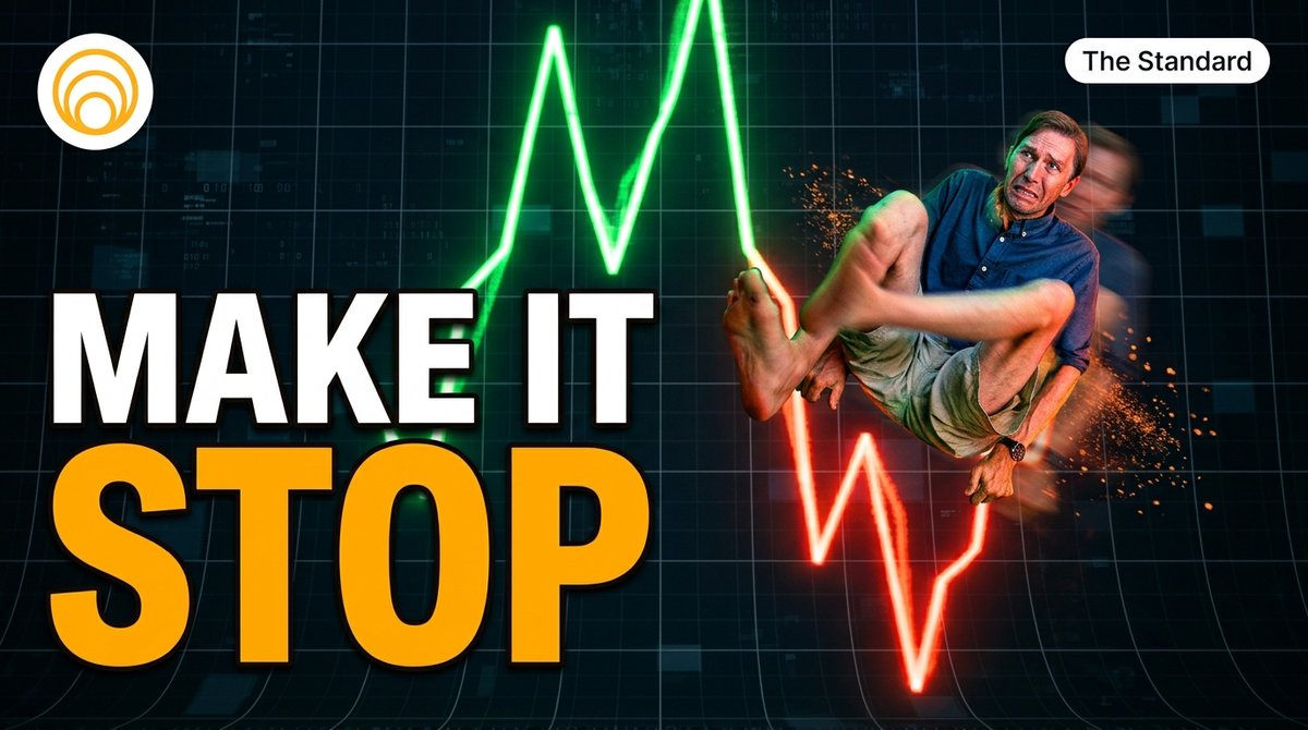 A graphic titled "MAKE IT STOP" with a green upward trending line and red downward trending line, featuring a man in a blue shirt curled up with a stressed expression, branded with "The Standard" logo.