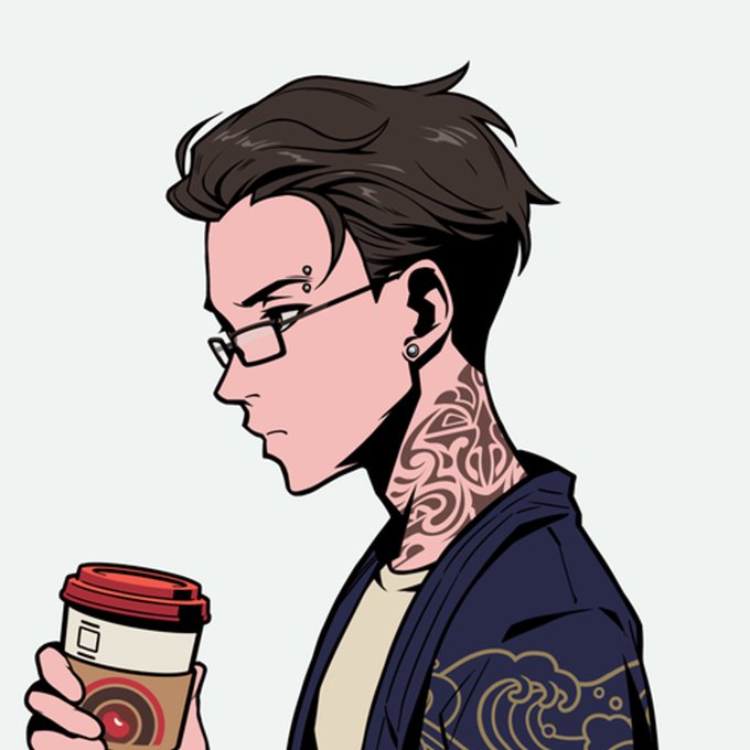 An anime-style illustration of a tattooed man with dark hair and glasses holding a takeaway coffee cup, shown in profile against a gray background.