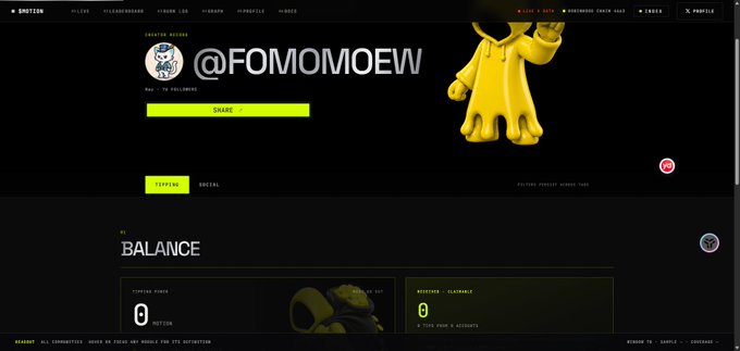 A screenshot of a cryptocurrency website displaying a wallet balance of zero for the account '@FOMOMOEW' alongside a 3D yellow raincoat character.