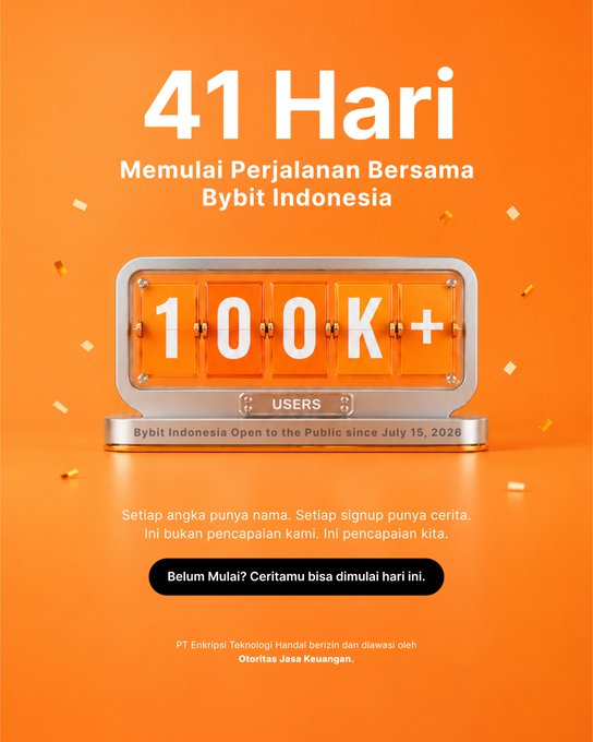 An orange promotional graphic celebrating "41 Hari Memulai Perjalanan Bersama Bybit Indonesia," highlighting "100K+ USERS" and noting the platform has been open to the public since July 15, 2026.