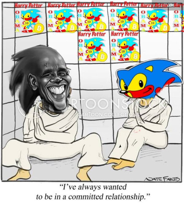 A cartoon meme featuring two figures in white outfits with Sonic the Hedgehog heads, captioned 'I've always wanted to be in a committed relationship,' with 'Harry Potter OBAMACOIN' images above them.