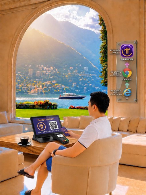 A man relaxes in a modern, sunlit room overlooking a Mediterranean coastal town while using a tablet displaying "THANH TOÁN PI" with the Pi Browser logo. To his right, a glass panel illustrates the browser evolution with the text "KỶ NGUYÊN WEB 5.0" appearing above each icon—Internet Explorer (IE), Chrome, and Pi Browser—alongside the tagline "QUÉT MÃ ĐỂ BẮT ĐẦU" (Scan code to start), symbolizing the leap from Web1 to Web3 as referenced in the post.