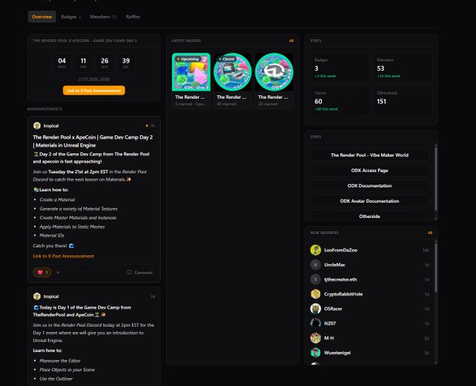 The image is a detailed view of a Discord server dedicated to a game development camp titled "The Render Pool x ApeCoin - Game Dev Camp Day 2." Key information includes the event specifics: "Day 2 of the Game Dev Camp from The Render Pool and ApeCoin is fast approaching!", the date "21.07.2023, 20:00 UTC", and a prompt for joining the "Render Pool Discord" for updates. The server features sections for "Latest Badges," "Stats" showing counts for badges, claims, and members, and "Recent Members," indicating community engagement and tracking.