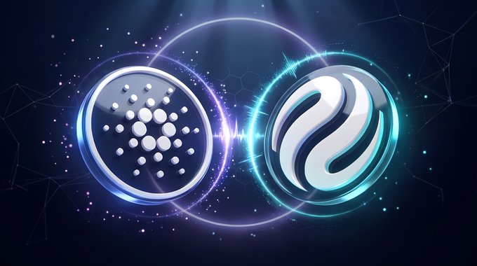 Two glowing circular emblems—the Cardano logo composed of dots on the left and the Injective spiral on the right—are encircled by intersecting rings against a cosmic, starry backdrop, symbolizing the newly established IBC cross-chain connection between the two networks. The image visually represents the integration highlighted in the post, where Cardano links to Injective via a live on-chain IBC rail on testnet.