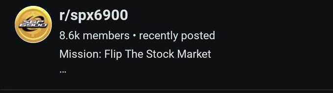 A screenshot of the r/spx6900 subreddit header showing 8.6k members with the mission "Flip The Stock Market," visually confirming the community's growth milestone referenced in the post celebrating reaching 8,600 members and inviting others to join.