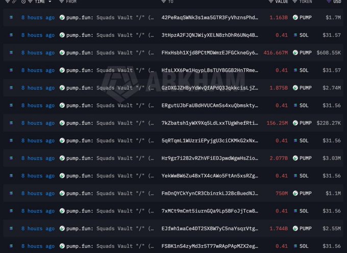 A cryptocurrency transaction history screen showing multiple 'pump.fun: Squads Vault' transactions with values in PUMP and SOL tokens.