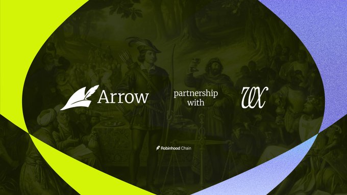 A promotional graphic announcing Arrow's partnership with W, featuring historical-style artwork backgrounded by a yellow and purple design, with 'Robinhood Chain' labeled at the bottom.