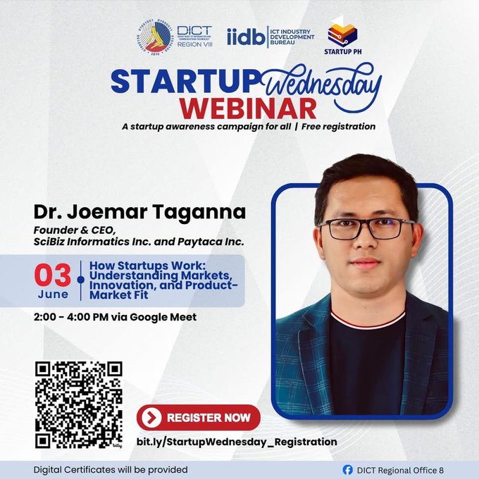 The image features a man wearing glasses, standing against a white background with blue and red text. The title of the image reads "Startupwednesday" and there are two other titles displayed below him - "How to tune into Paytaca's founder Dr. Joemar Taganna on Startup Wednesday Webinar." and "Focus on what is in the image and how it relates to the post".