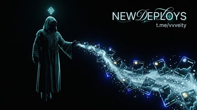 A hooded, faceless figure conjures a stream of glowing phone screens displaying token charts, evoking the "forge" of new crypto deployments, with "NEW DEPLOYS" and "t.me/vvveity" branded in the upper right to promote the Telegram channel tracking Base launchpad tokens.