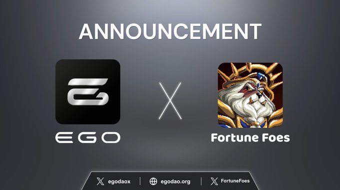An announcement graphic displays a partnership between 'EGO' and 'Fortune Foes' with their respective logos and social media handles at the bottom.