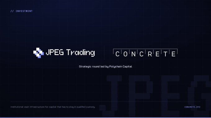 A dark, minimalist promotional banner announcing a 'Strategic round led by Polychain Capital' for the 'JPEG Trading' and 'CONCRETE' partnership, describing institutional vault infrastructure for qualified custody.