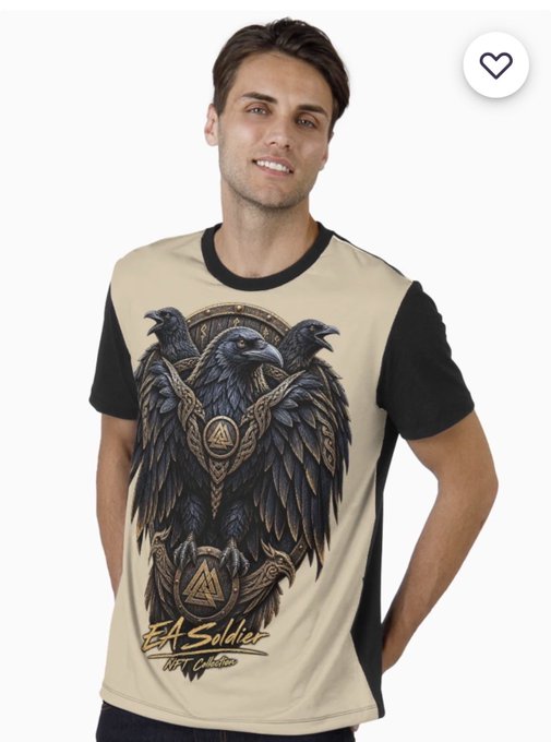 A man models a tan and black t-shirt featuring a graphic of three ravens and the text 'A Soldier' with a Valknut symbol.