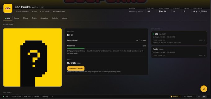 A screenshot of a ZEC Punks marketplace page showing a 'GTD' NFT item with a pixelated yellow question mark design, priced at 0.015 ZEC.