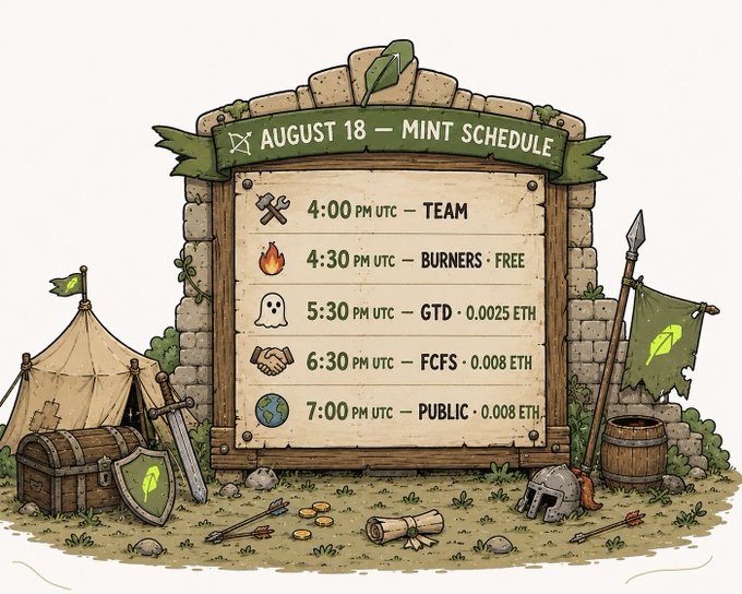 An illustrated 'AUGUST 18 - MINT SCHEDULE' board with a fantasy/RPG theme, listing times in PM UTC for Team, Burners (Free), GTD (0.0025 ETH), FCFS (0.008 ETH), and Public (0.008 ETH) phases, surrounded by medieval items like a tent, treasure chest, and weapons.