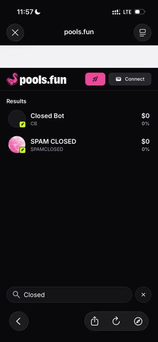A screenshot of the pools.fun platform showing search results for "Closed" displaying only two tokens—"Closed Bot" (CB) and "SPAM CLOSED" (SPAMCLOSED)—both with $0 value and 0%, reflecting the humor in the user's post about the site being taken down.