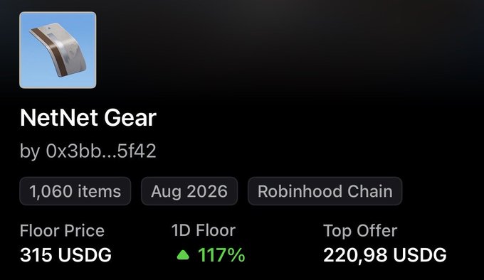 The image displays an NFT collection titled "NetNet Gear" by creator "0x3bb...5f42" on the Robinhood Chain, showing 1,060 items with a current floor price of 315 USDG (up 117% in 1D) and a top offer of 220.98 USDG. This reflects the post's celebration of the price skyrocketing from $90 to $315, validating the creator's (@NetNetCap) play that others had doubted.