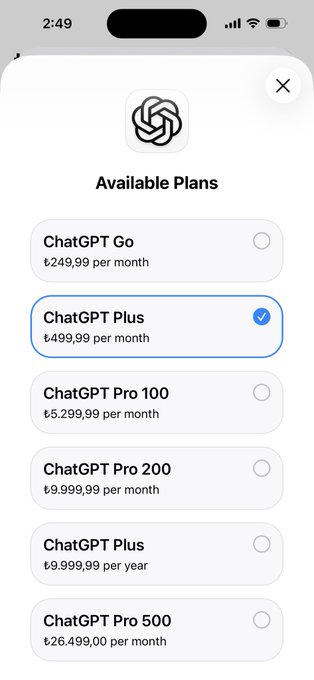 A mobile screenshot of ChatGPT "Available Plans" shows pricing in Turkish Lira, with ChatGPT Plus (₺499,99 per month) currently selected.