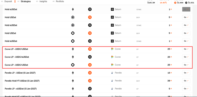 A crypto portfolio dashboard showing holdings and liquidity pools, with Saturn staking positions and Curve LP positions for USDC/USDT highlighted in a red box.