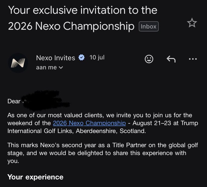 A screenshot of an email titled 'Your exclusive invitation to the 2026 Nexo Championship' from Nexo Invites, dated July 10, inviting the recipient to the event at Trump International Golf Links, Aberdeenshire, Scotland on August 21-23.