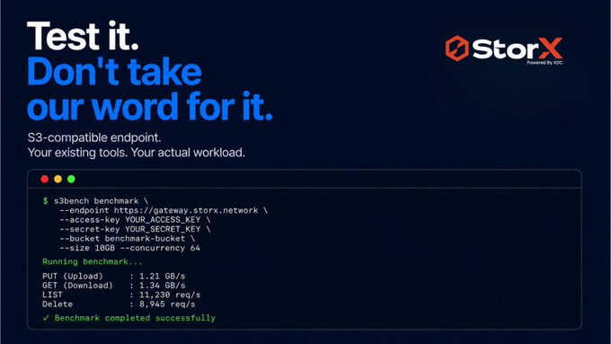 Promotional graphic for StorX reading "Test it. Don't take our word for it," displaying an s3bench benchmark result with upload/download speeds and request rates.