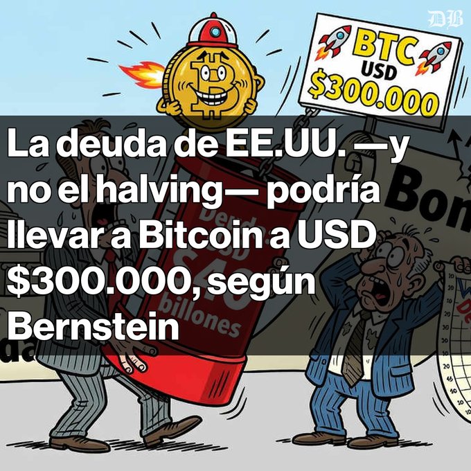 A Spanish-language cartoon meme with text: 'La deuda de EE.UU. —y no el halving— podría llevar a Bitcoin a USD $300.000, según Bernstein,' accompanied by an illustration of a Bitcoin character holding a sign reading 'BTC USD $300.000'.