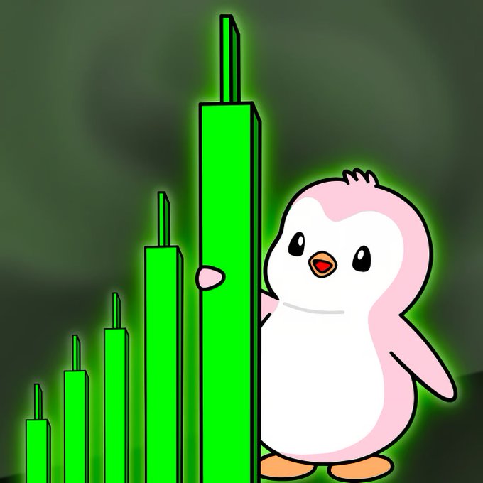 An illustration of a pink and white penguin mascot standing next to bright green glowing bar chart bars of increasing height.