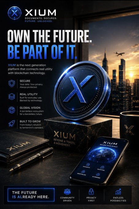 An advertisement for XIUM with the slogan 'OWN THE FUTURE. BE PART OF IT.', featuring a large 'X' coin, a smartphone displaying the platform, and a city skyline at sunset.