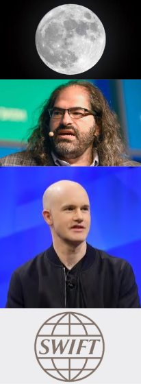 A vertical composite image featuring a full moon at the top, two photos of men (one with long hair and glasses, one bald in a black jacket), and the SWIFT logo at the bottom.