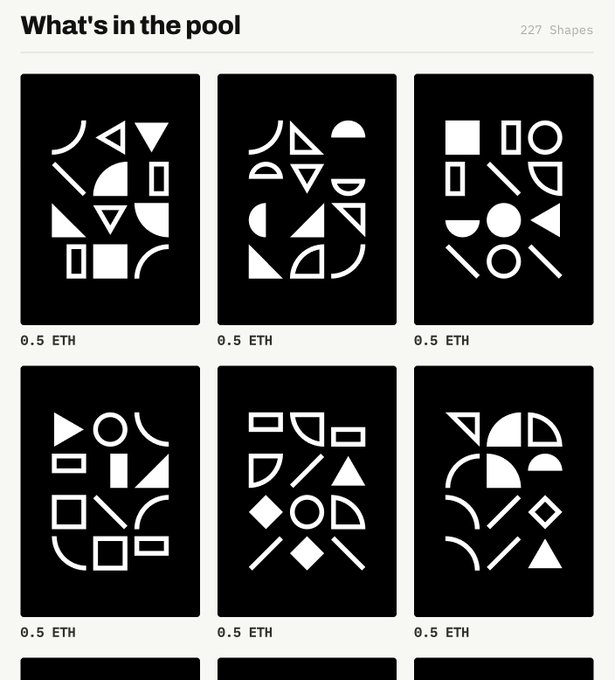 A webpage titled 'What's in the pool' showing '227 Shapes' with six black tiles containing white geometric shapes (triangles, squares, circles, semicircles, etc.), each priced at '0.5 ETH'.