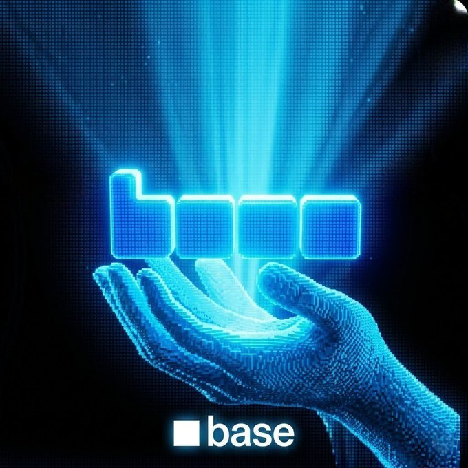 Digital artwork of a glowing blue pixelated hand holding the 'base' blockchain logo, set against a dark grid background with light beams.