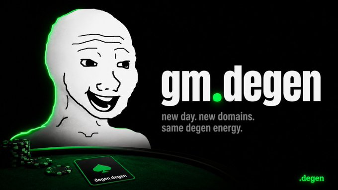 The image features a cartoon depiction of a man with a sad expression, wearing a white shirt and sitting at a poker table surrounded by green lights. The caption below the image reads "gm.degen the internet has addresses for everything except us. today we fix that." This suggests that the post is about a gaming community or an online platform where people can connect and play games together.