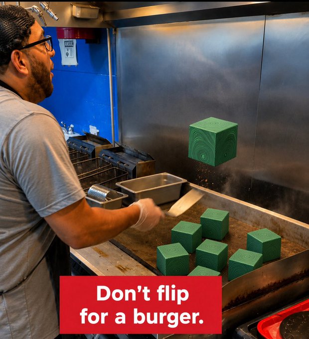 A man in a kitchen flips green cube-shaped objects on a griddle, with the caption 'Don't flip for a burger.' in a red banner.